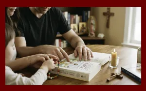 Parents with their child reading scripture